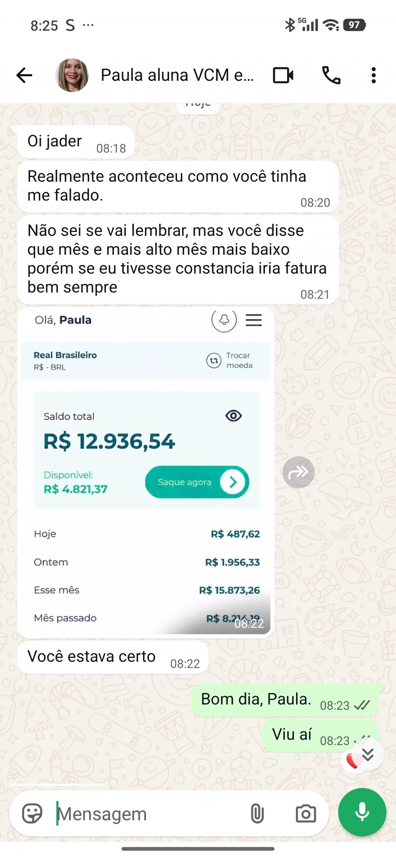 Conversa de aluno do Sistema Elite VCM no WhatsApp