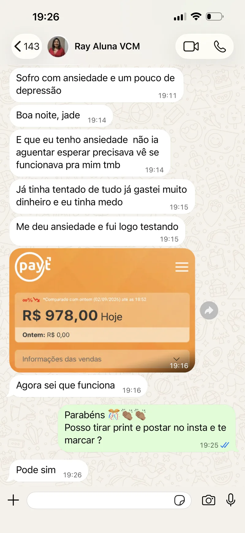 Conversa de aluna do Sistema Elite VCM mostrando R$978,00 em vendas