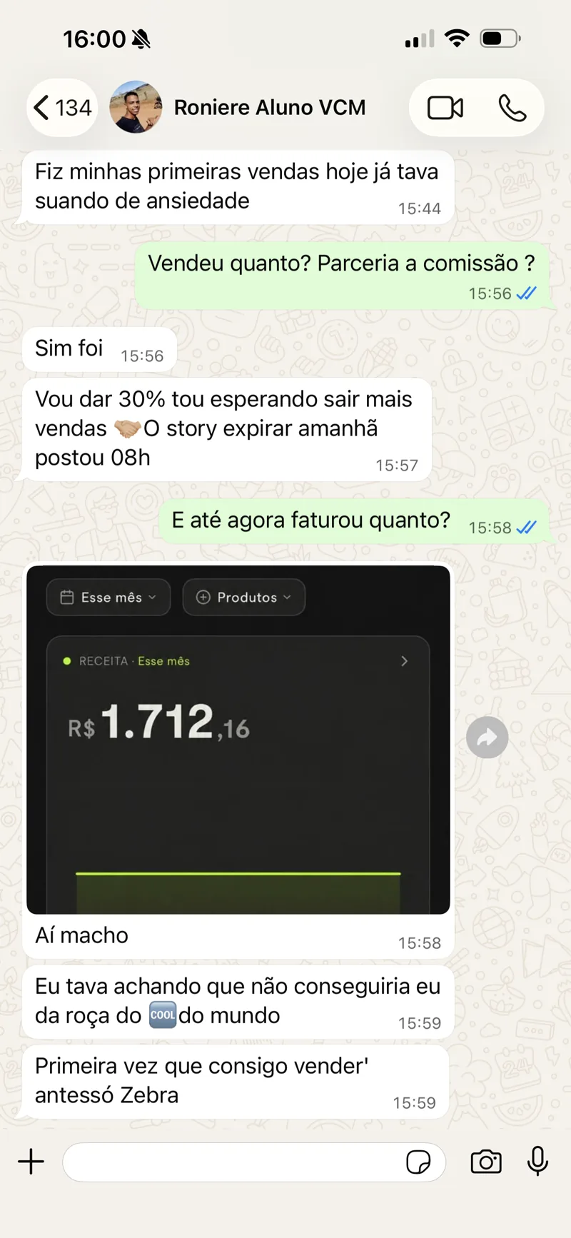 Conversa de aluno do Sistema Elite VCM mostrando R$1.712,16 em vendas